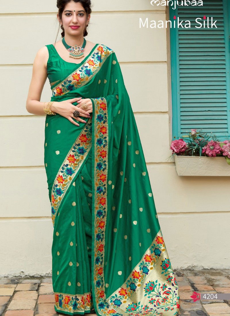 Green Colour Latest Designer Fancy Festive Wear Heavy Pure Silk Printed Sarees Collection 4204